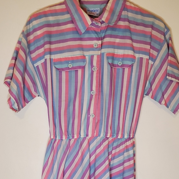Pink Bubblegum White, Blue and Purple Striped 80s Short Sleeve Shirt Dress - Picture 12 of 15